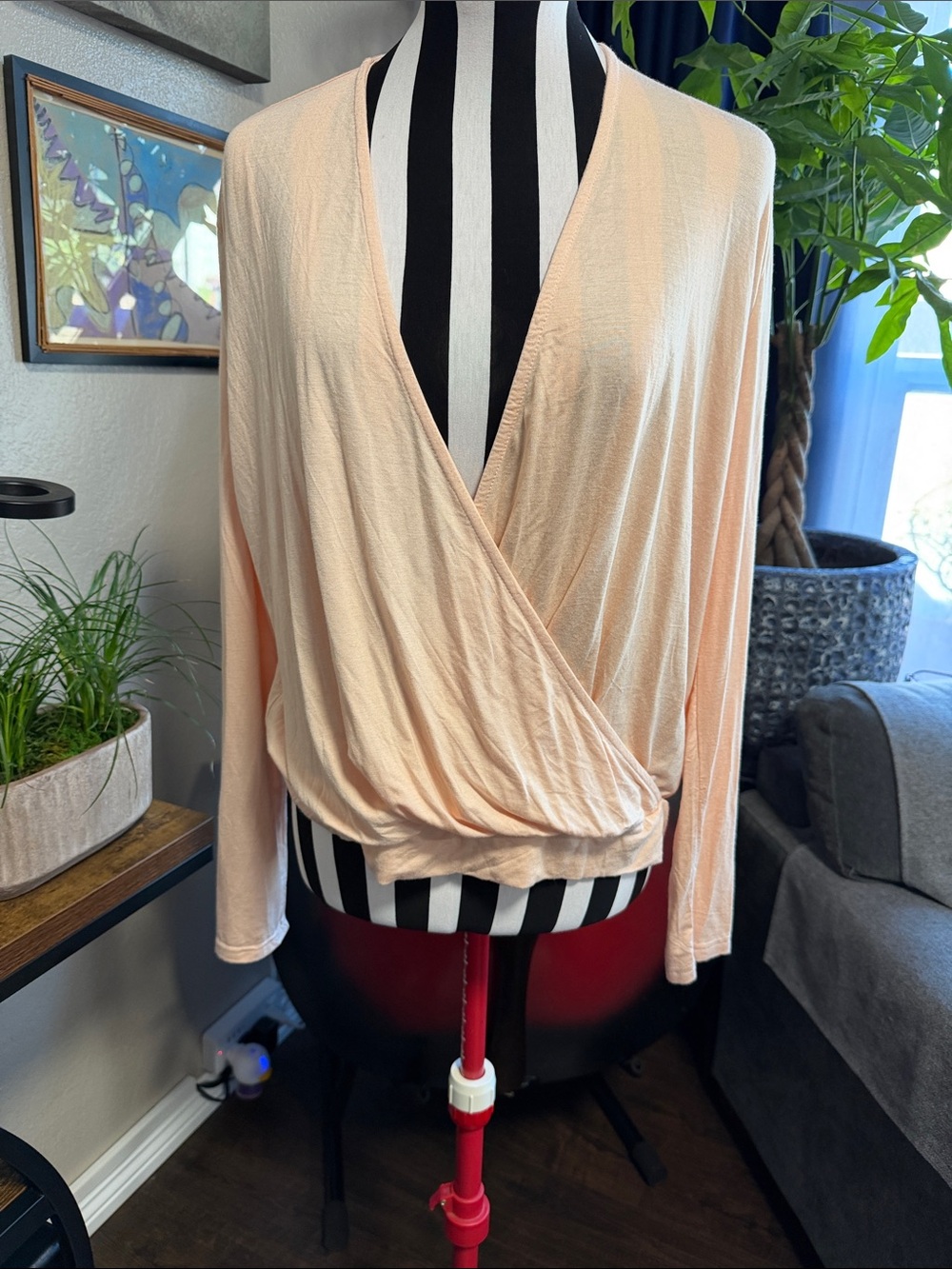 Soft Peach Wrap-Front Long-Sleeve Blouse